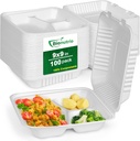 9x9 To Go Containers With Lids, 100 Pack Food Containers Disposable, Compostable Take Out Containers, 3-Compartment Heavy Duty Paper Container, Biodegradable Bagasse To Go Boxs For Food