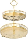 Double Layer Pastry Tray Decorative Copper Gold Biscuits Dessert Display Plate for Wedding (Hollowed Out Vertical Grain)