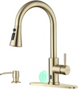 APPASO Gold Kitchen Faucet Touchless, Hands Free Sink Faucets with Soap Dispenser and Pull Down Sprayer 3 Modes, Motion Sensor Faucets for 1 to 4 Holes Sink with Deck Plate, High Arch & Single Handle