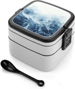 Blue Water Waves Bento Box - Double Layer, Leakproof Food Containers with Partition & Spoon, Stackable Lunch Box for Office, Travel, Camping