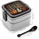 All-in-One Bento Box Stackable Leak-Proof Lunch Box With Carry Handle 2 Layer Portable Meal Prep Container Guitars Art Lunchbox with Utensils for Dining Out Work, Black
