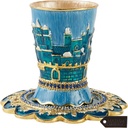 Matashi Hand-Painted Enamel 3.3'' Tall Kiddush Cup Set with Tray with Crystals and Jerusalem Cityscape Design for Weddings Shabbat Havdalah Passover Goblet Judaica Gift Home Decor Blessings Cup