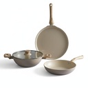 Lebenslanges 3 Stück geschmiedetes Kochgeschirr mit Common Lid |2.2L Kadhai mit Lid 24cm |Ceramic Coated |1.4L Bratpfanne 24cm | 1.2L Tawa 26cm |Induktions- & Gaskompatibel | Non-Riveted Handle | Non-Stick Coating