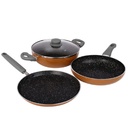 Prestige Omega Deluxe Non-Stick Cookware 3 Pc Set |PFOA Free 5-Layer Coating | Omni Tawa 25 cm | Frittierpfanne 24 cm | Kadai mit Glasdeckel 24 cm | Brown | Geschirrspüler Safe