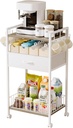 Small White Coffee Bar Cart with Drawer Storage, Coffee Bar Station Mug Cup Holder Stand, 3-Tier Coffee Table for Home Buffets & Sideboards, Office Coffee Station for Kichen, Entryway, Living Room