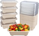22 oz Rectangle Disposable bowls with clear lids,Sugarcane Fiber Bowls take away food containers Plant Fibers 50 PACK