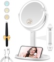 Makeup Mirror with Lights, Double Sided 1x/20x Magnifying Mirror with Light, Rechargeable 3 Color Lights and Adjustable Brightness, 360° Rotation Detachable Comes with Tweezer(White)