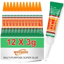 12 X 3g Super Glue Clear, Strong Adhesive,Super Glue Fast Drying Cyanoacrylate Glue for Wood,Rubber,Leather, Plastic, Metal, Rhinestone Jewelry, DIY Crafts and More