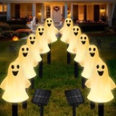 Solar Halloween Ghost Pathway Lights Decorations, Halloween Ghost Stake, Lighted 3D Ghost Outdoor Waterproof for Garden, Pathway and Yard Decoration (Warm White, 10 Pack)