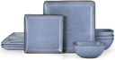 Herogo 12-Piece Square Stoneware Dinnerware Set for 4, Dinner Plates and Bowls Sets, Double Reactive Glaze Dishware Place Setting for Kitchen, Scratch Resistant, Microwave Safe, Haze Blue
