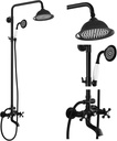 gotonovo Bathroom Exposed Shower Faucet Outdoor Shower System 8 Inch Rainfall Shower Head Set with Tub Spout and Handheld Spray Double Cross Handles Wall Mount without Shower Shelf Matte Black
