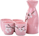 Asian Pink Ceramic Sake Set of 5, 4 Japanese Saki Cups and 1 Pot