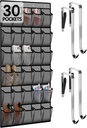 Over the Door Shoe Organizer with 30 Breathable Mesh Pockets - Large Capacity Closet Storage for Men & Women, Hanging Shoe Rack Organizer -Gray