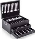 Leather Silverware Storage Box Flatware Storage Case, Leather Silverware Chest with Drawer for Silver, Storing Fine Flatware and Utensils(3 Layer)
