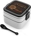 Stackable Double-Layer Bento Box Rose and Sewing Machine Adults Lunchbox with Spoon Cute Japanese Bento Box Dishwasher Safe for Work Travel Dining Outc