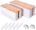 2 Pack Large Cable Management Box – Wooden Style Cord Organizer and Cover for TV Wires, Computer, Router, USB Hub and Under Desk Power Strip – Safe ABS Material and Baby-Pets Proof Lock (White)