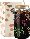 Cute Coquette Glass Cups with Lids and Straws - Flowers and Bubbles, Jellyfish Iced Coffee Cup for Adults Women Men, Funny Unique Sea Ocean Decor Birthday Party Decorations, 16 oz