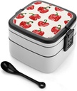 Linen Texture Pattern Bento Box - Double Layer, Leakproof Food Containers with Partition & Spoon, Stackable Lunch Box for Office, Travel, Camping