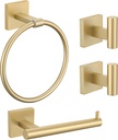Towel Ring Set 4 Piece Bathroom Hardware Set Includes Towel Ring 2 Towel Hooks and Toilet Paper Holder Stainless Steel Wall Mounted (Brushed Gold)