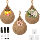 Hanging Fruit Baskets for Kitchen - 3 Pack Boho Wall Hanging Basket (brown)