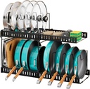 Expandable Pots and Pans Organizer Under Cabinet, Adjustable Divider Pot Lid Holder for Kitchen Organization and Storage, Pan Lid Rack Organizer Inside Cabinet for Cookware, Bakeware