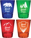 Lowell Oregon Souvenir 4-Pack Multicolor Engraved Round Shot Glasses Camping and Outdoors Set