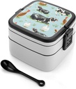 Light Blue Animal Bento Box - Double Layer, Leakproof Food Containers with Partition & Spoon, Stackable Lunch Box for Office, Travel, Camping