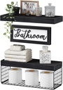 QEEIG ‎Bathroom Shelves Over Toilet - Paper Storage Wall Mounted Farmhouse Decor Decorations Aesthetic Décor Sign Small Floating Shelf 2+1 Set 16 inch, Black (020B)