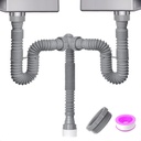 Double Sink Drain Kit, Flexible Sink Drain Pipe 1-1/2 & 1-1/4 P Trap Fits Sink Bowl Drain, Expandable Plumbing Kit for Kitchen, Bathroom, Gray