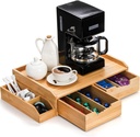 SOUJOY Bamboo Drawer Organizer for Coffee Pod, K Cup Organizer for Counter, Tea Bag Storage Organizer with Drawer and Side Storage Box for Kitchen Office Coffee Bar