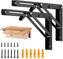 JOY DECOR 12 Inch Heavy Duty Folding Shelf Brackets, 2 Pack (1 Pair) Collapsible Wall Mounted Brackets for Fold Down Table, Stainless Steel Folding Table Hinge, Matte Black
