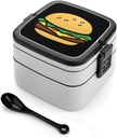 Cartoon Hamburger Portable Bento Box with Handle 2 Compartment Leak-Proof Stackable Lunch Box for Work Picnic Camping